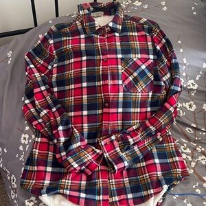 Plaid button down fake flannel shirt with fleece lining
